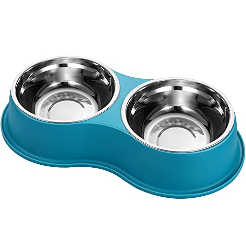 Stainless Steel Dog Bowls Double Non (Medium-18oz / 7.Lake Blue)
