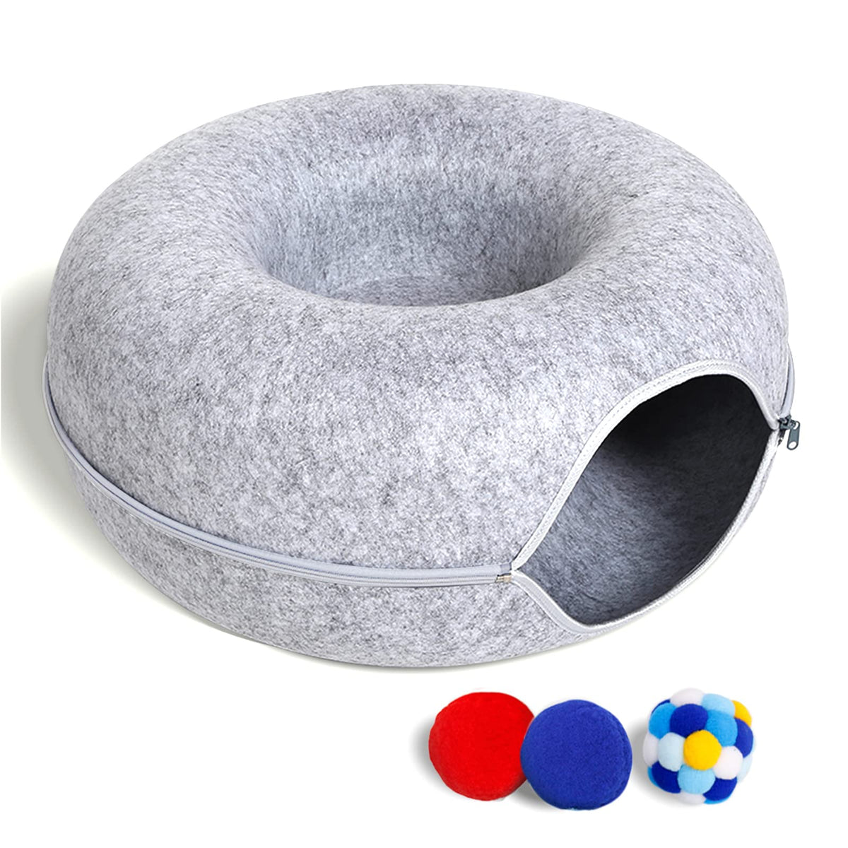 Cat Tunnel Bed for Indoor Cats with 3 Toys (M(20x20x9) / Light Grey)