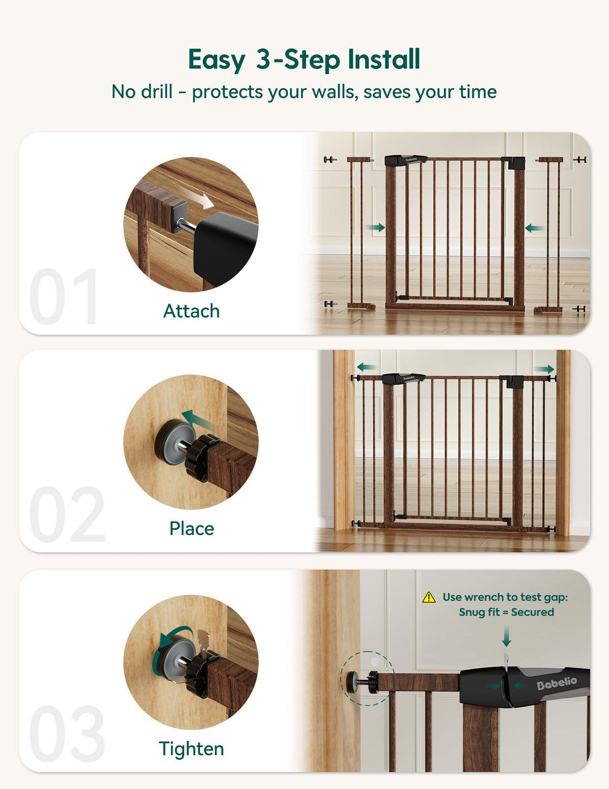 26 40 in Pressure Mounted Baby Gate for Stairs (Black Wood Pattern / 30"Tall 26"-40" Wide)