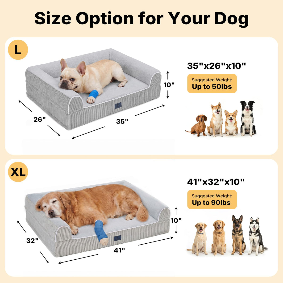 Orthopedic Dog Beds Large Sized Dog (Light Grey / 41"L x 32"W x 10"Th)