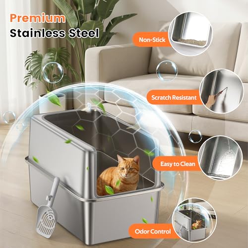 Stainless Steel Litter Box with Metal Lid and Scoop (XXL-:22.8"x14.6"x15.7")