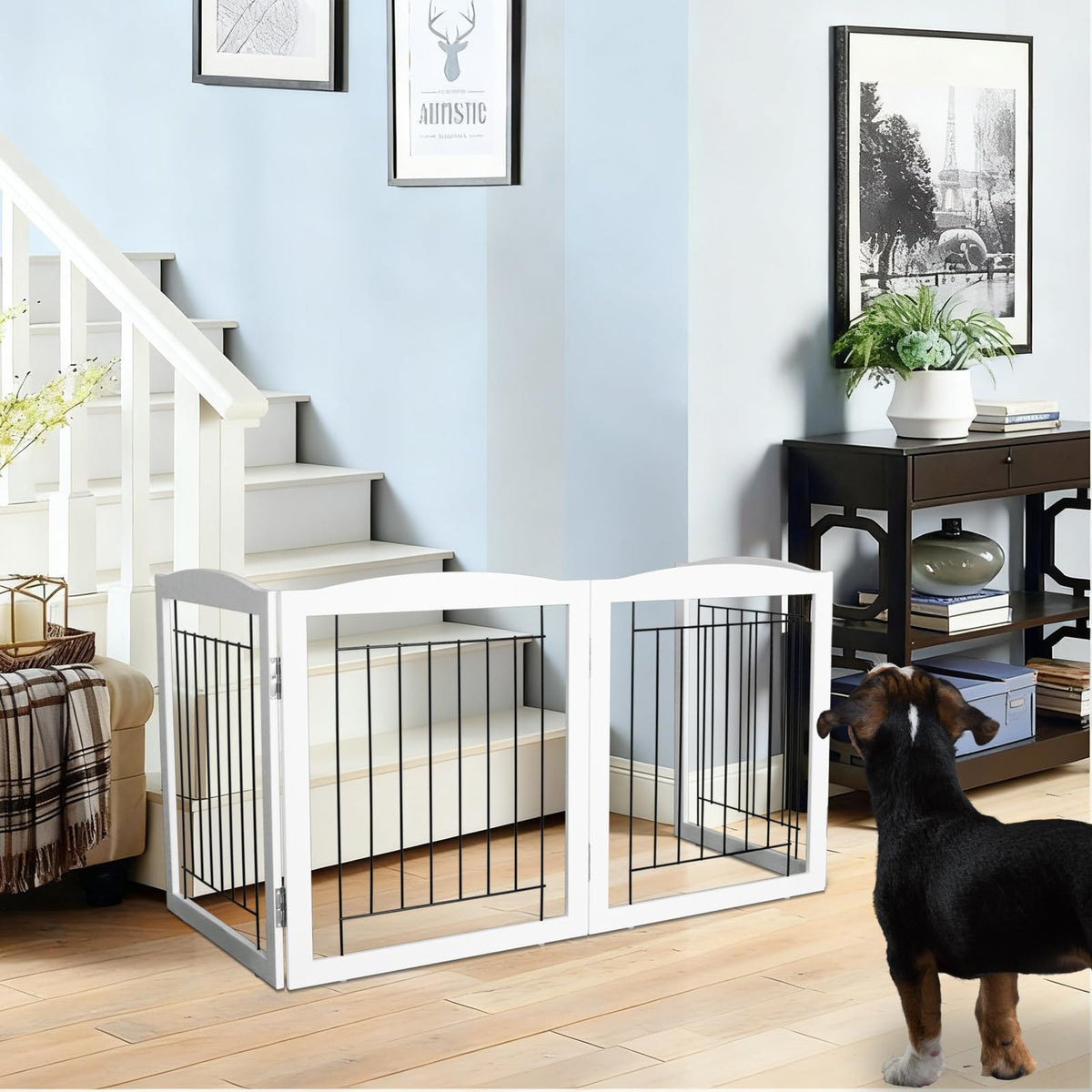 Freestanding Foldable Dog Gate for House Extra Wide Wooden White Indoor Puppy Gate Stairs Pet Gates Doorways Pet Gate Tall Dog Fence 2 Panels (White / 【2 Panels】40''w x 24''h)
