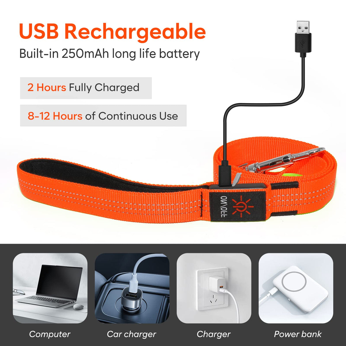 LED Light Up Dog Leash 3 Lighting Modes USB Rechargeable (Orange-3S)