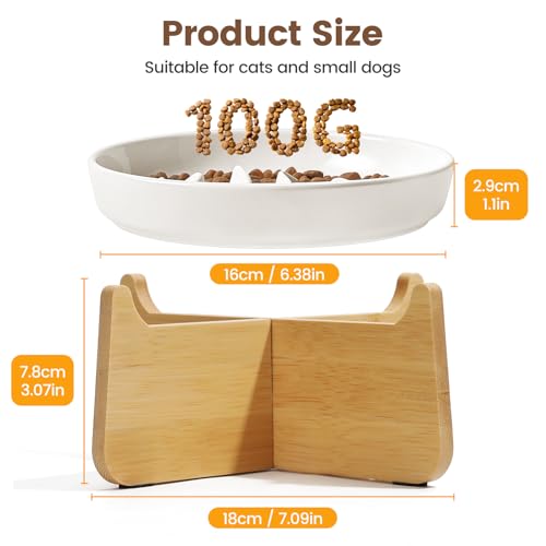 Slow Feeder Cat Bowl Elevated Ceramic with Bamboo Stand (Fishbone)