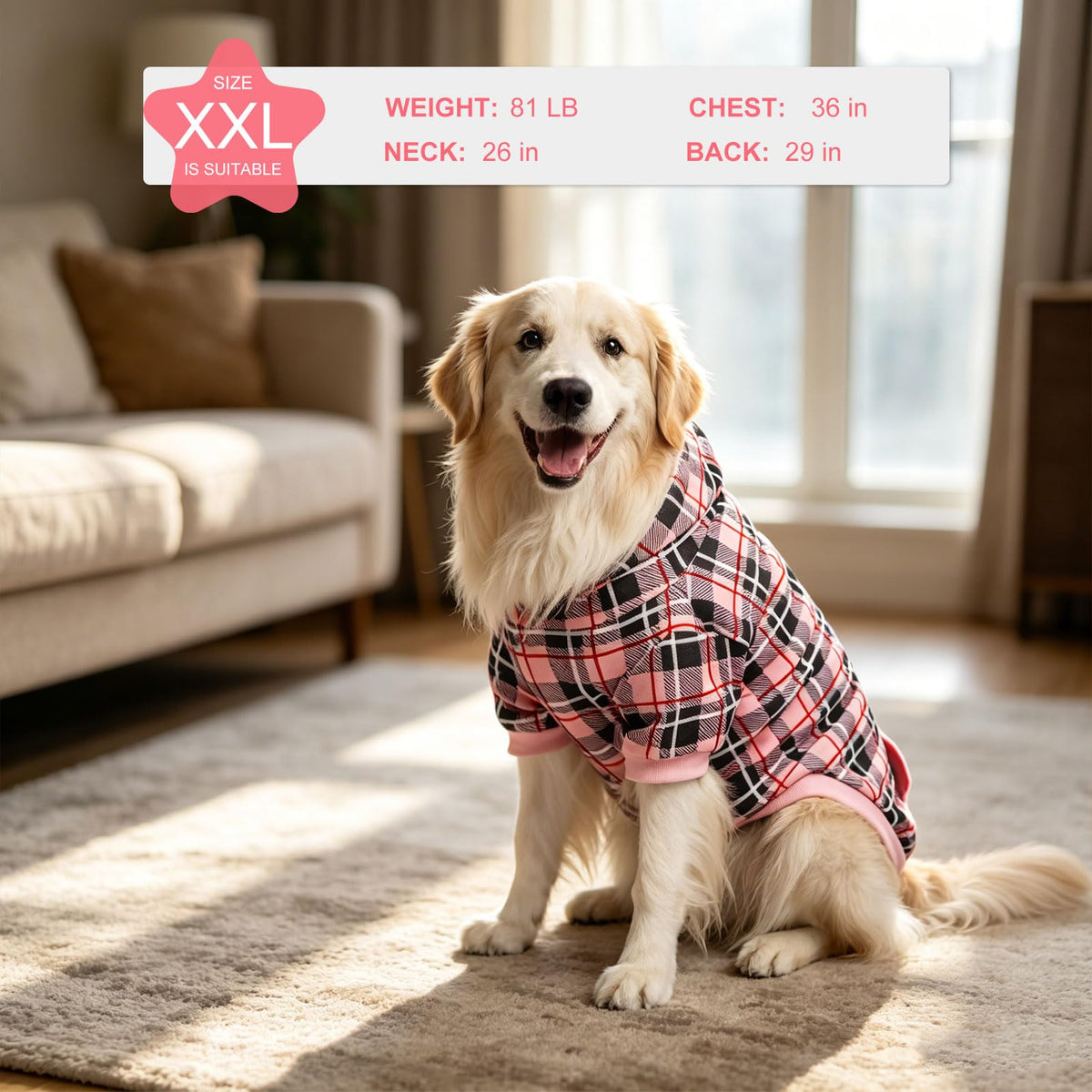 Plaid Dog Hoodie (Pink / X-Large)