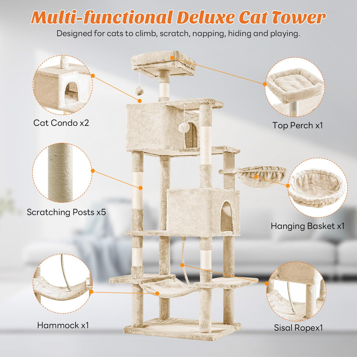 66 Inch Large Cat Tree Tower with Scratching Posts (Beige / 66.9"×18.9"×18.9")