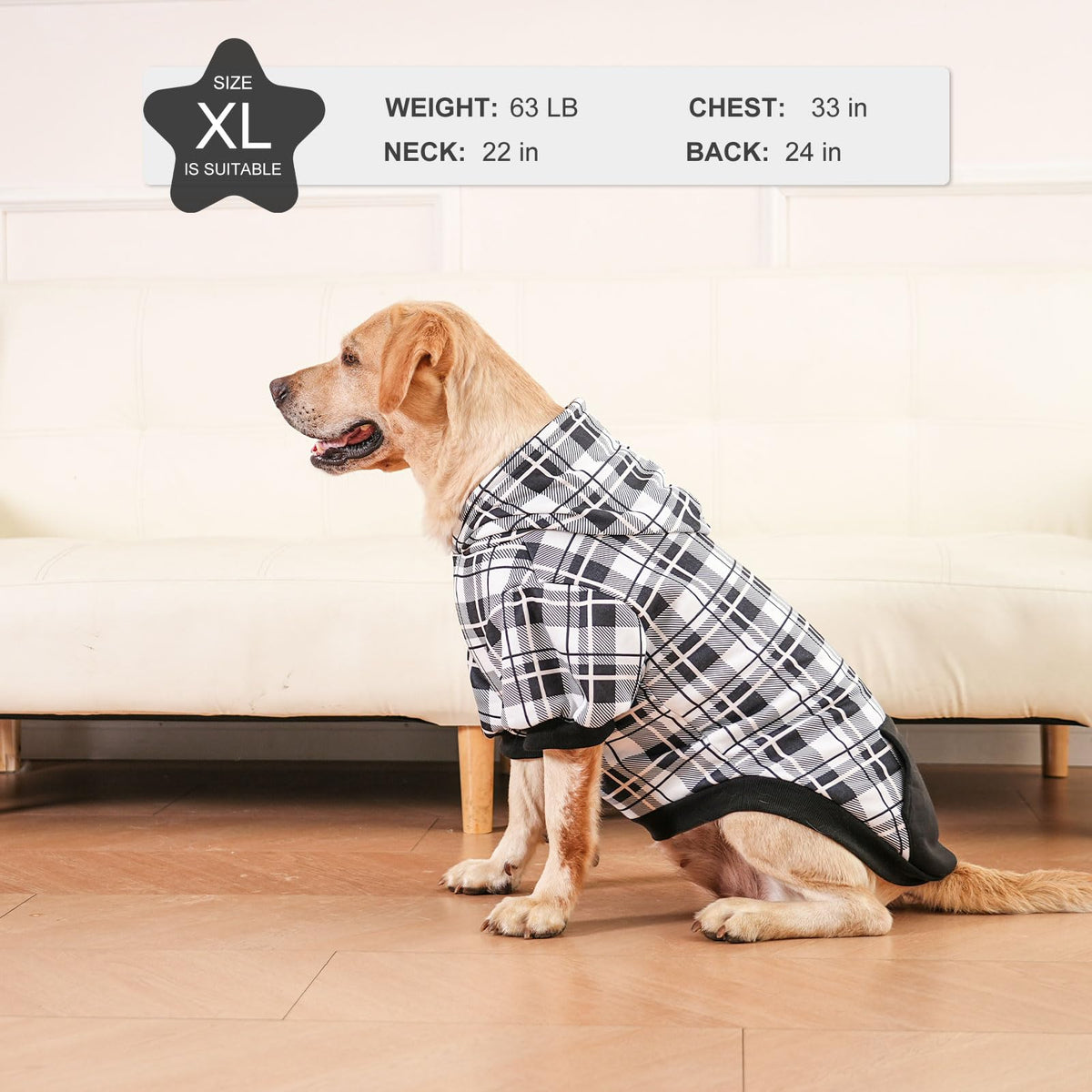 Plaid Dog Hoodie (Black & White / X-Large)