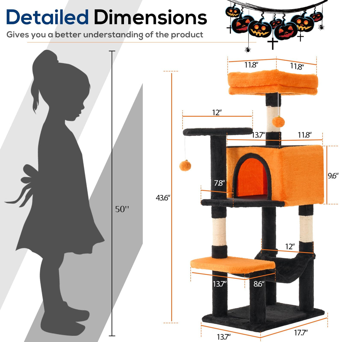 44 Inch Cat Tree Tower with Natural Sisal Scratching Posts (Black & Orange / 44 Inch)