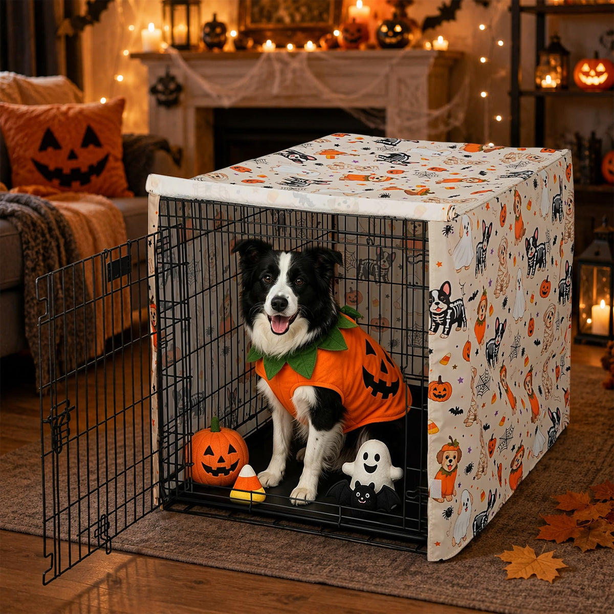 Halloween Pattern Dog Crate Cover (Orange Pup Print / 36.0"L x 23.0"W x 25.0"H)