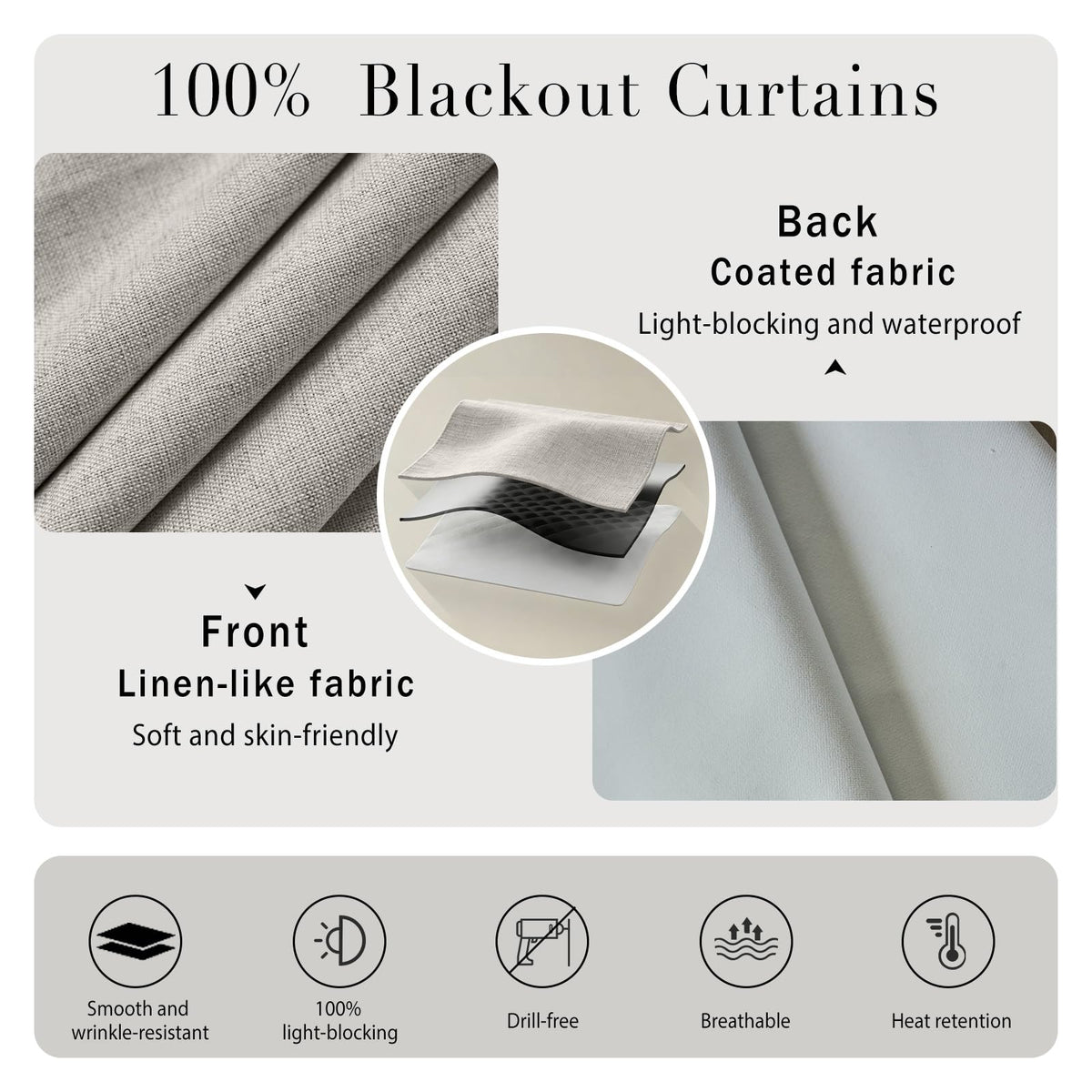 100% Blackout Self Adhesive Curtains (45"W x 60"L (Pack of 1) / Light Beige)