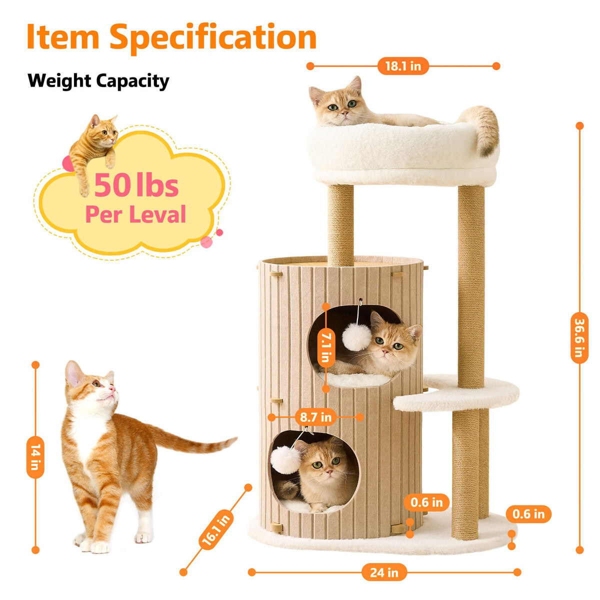 Modern Cat Tree for Indoor Small & Medium Cats (Latte Brown-36")
