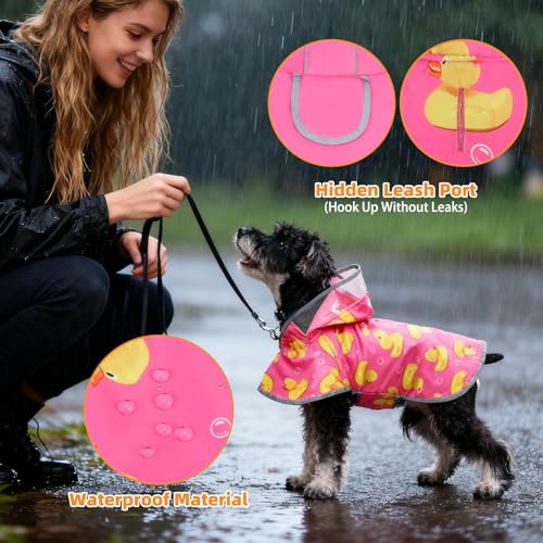 2-in-1 Reversible Medium Dog Raincoat, Hooded Rain Jacket Poncho (M:15-25lbs / PINK)