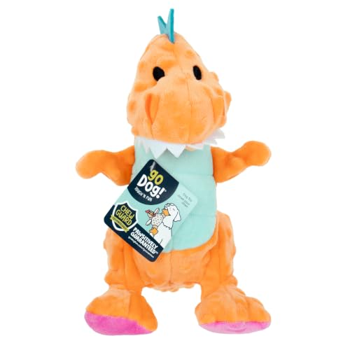 Dinos T Rex Squeaky Plush Dog Toy with Chew Guard Technology (Dinos T-Rex (Orange) / Medium)