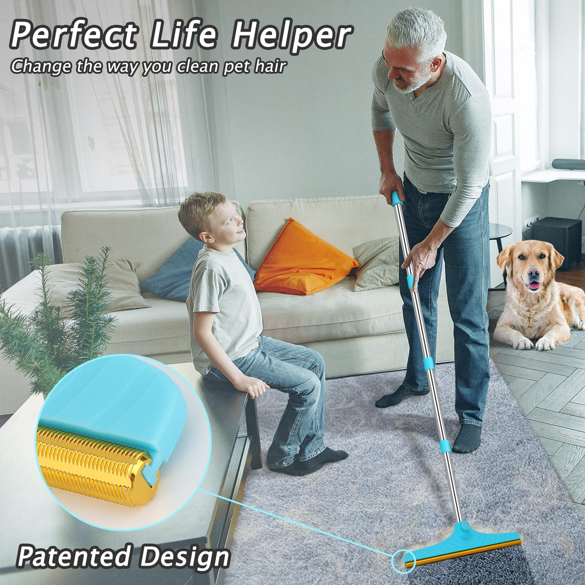 Carpet Rake for Pet Hair Removal Tool (60‘’ / Blue)