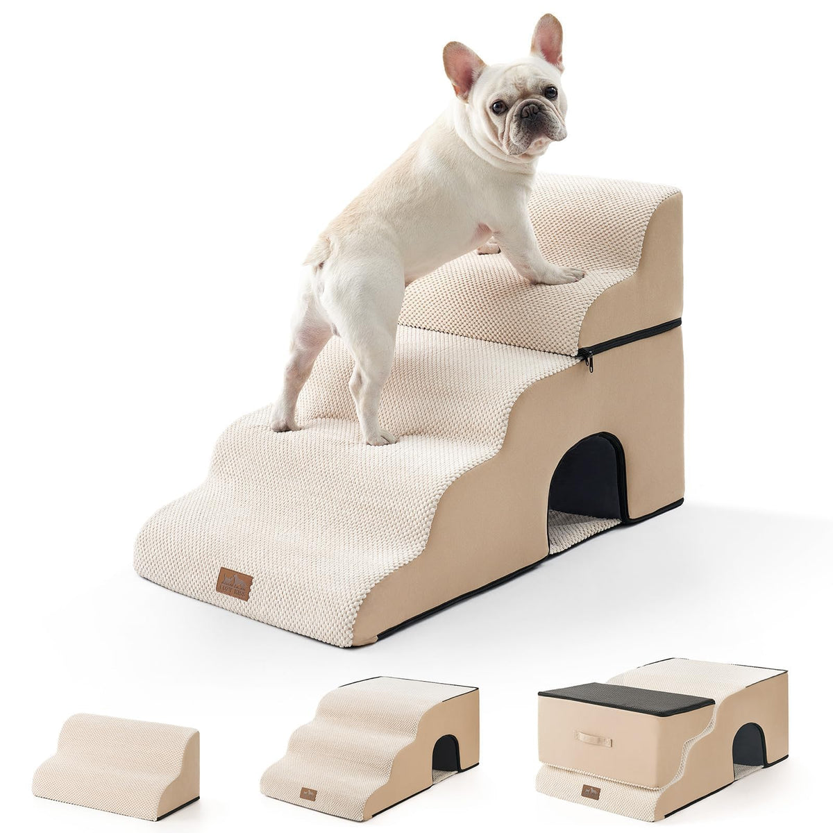 Extra Wide Small Dog Stairs with Tunnel (Beige / Detachable 19.7" x 33" x 22.4")