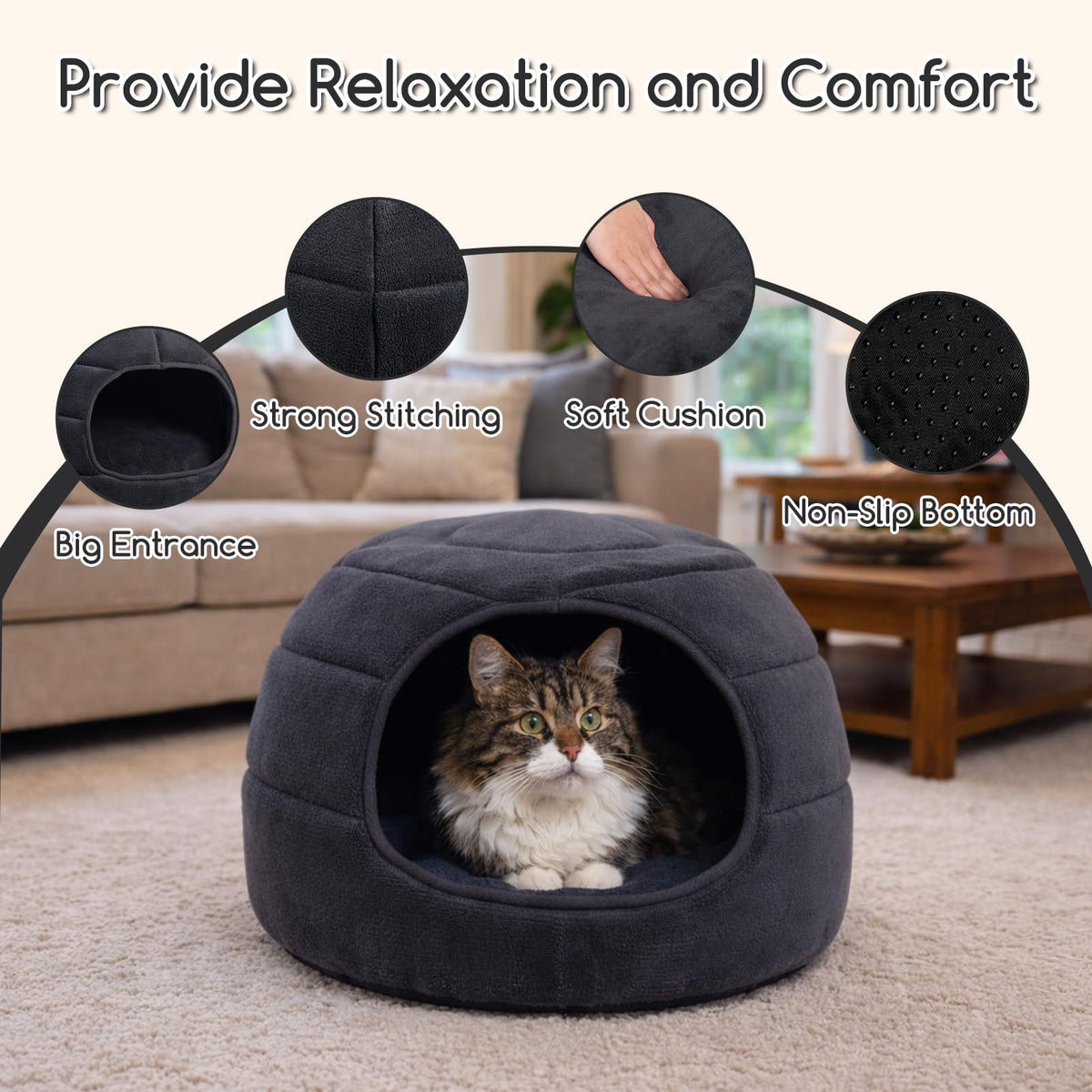 Cat Bed Cave for Indoor Cats for Pets up to 15 lbs (Gray Igloo)