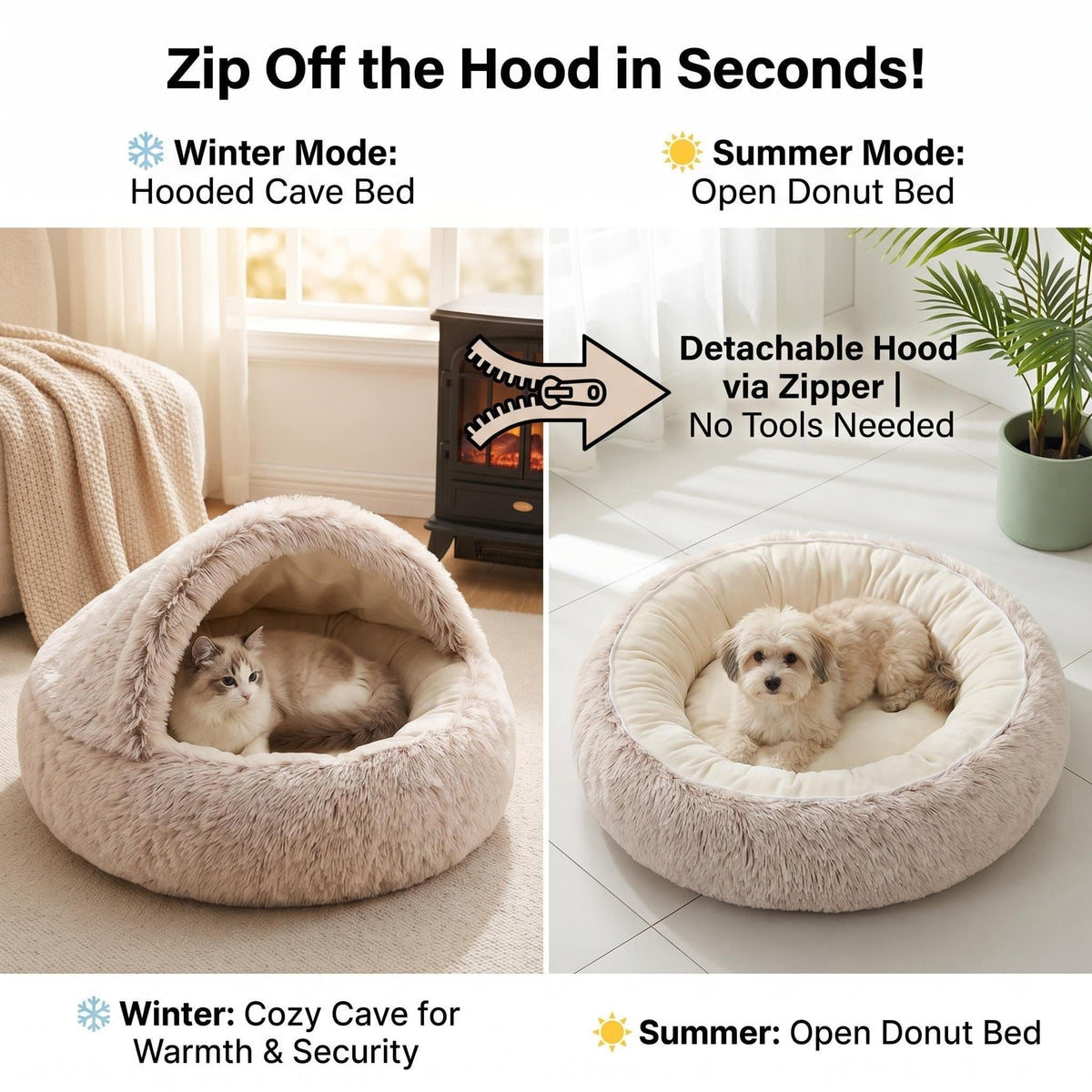 Convertible Donut Cat Bed Cave (Brown / 28 in Large Size)