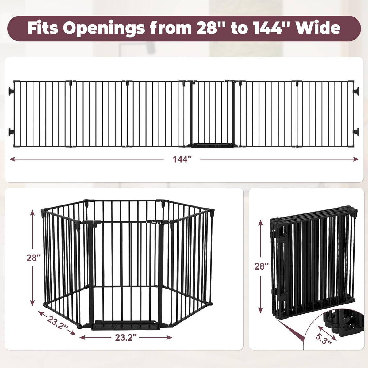 144" Extra Wide Baby Gate with Door (Black / 144" Wide)