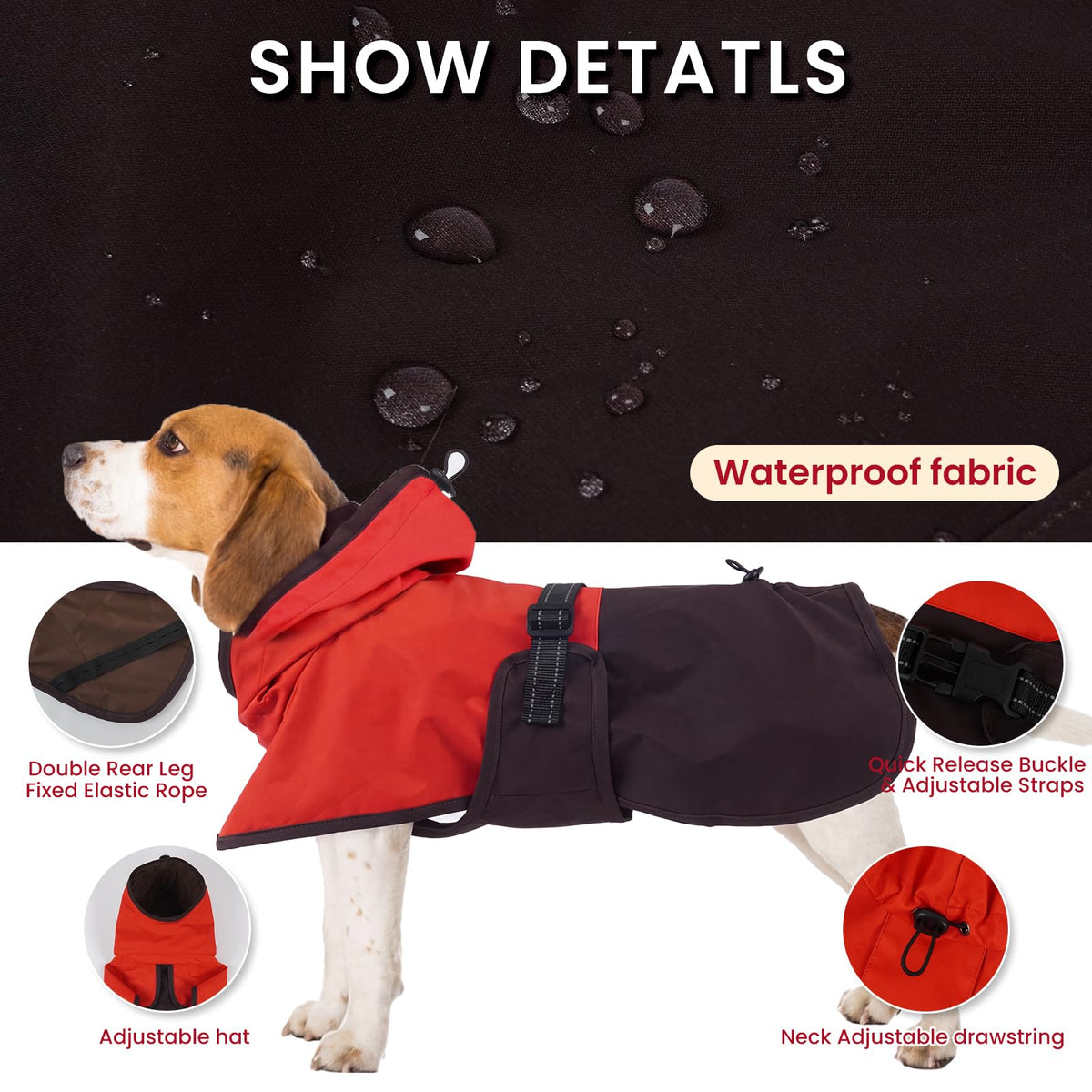 Dog Raincoat Waterproof Rain Jacket with Hood (XXXL(Back Length26.7") / Red Brown)