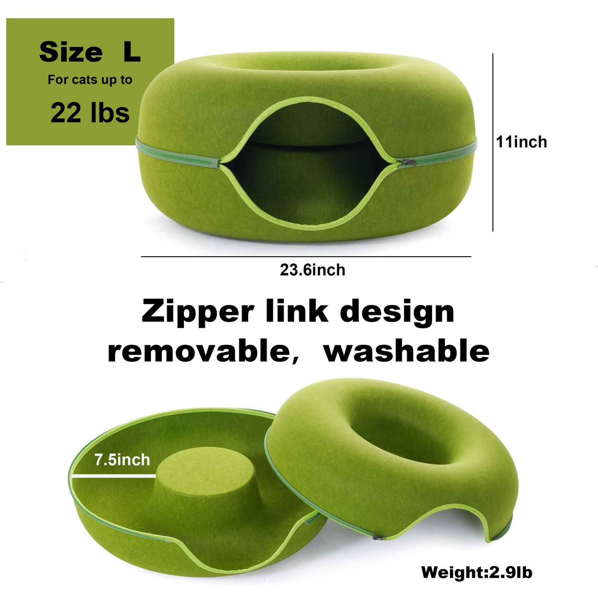 Large Cat Tunnel Bed for Indoor Cats with 3 Toys (L(24x24x11) / Green)