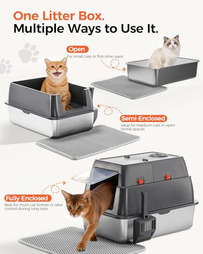 XXL Stainless Steel Cat Litter Box with Lid (Gray - Pinky Paws / 23" L × 16" W × 18" H)