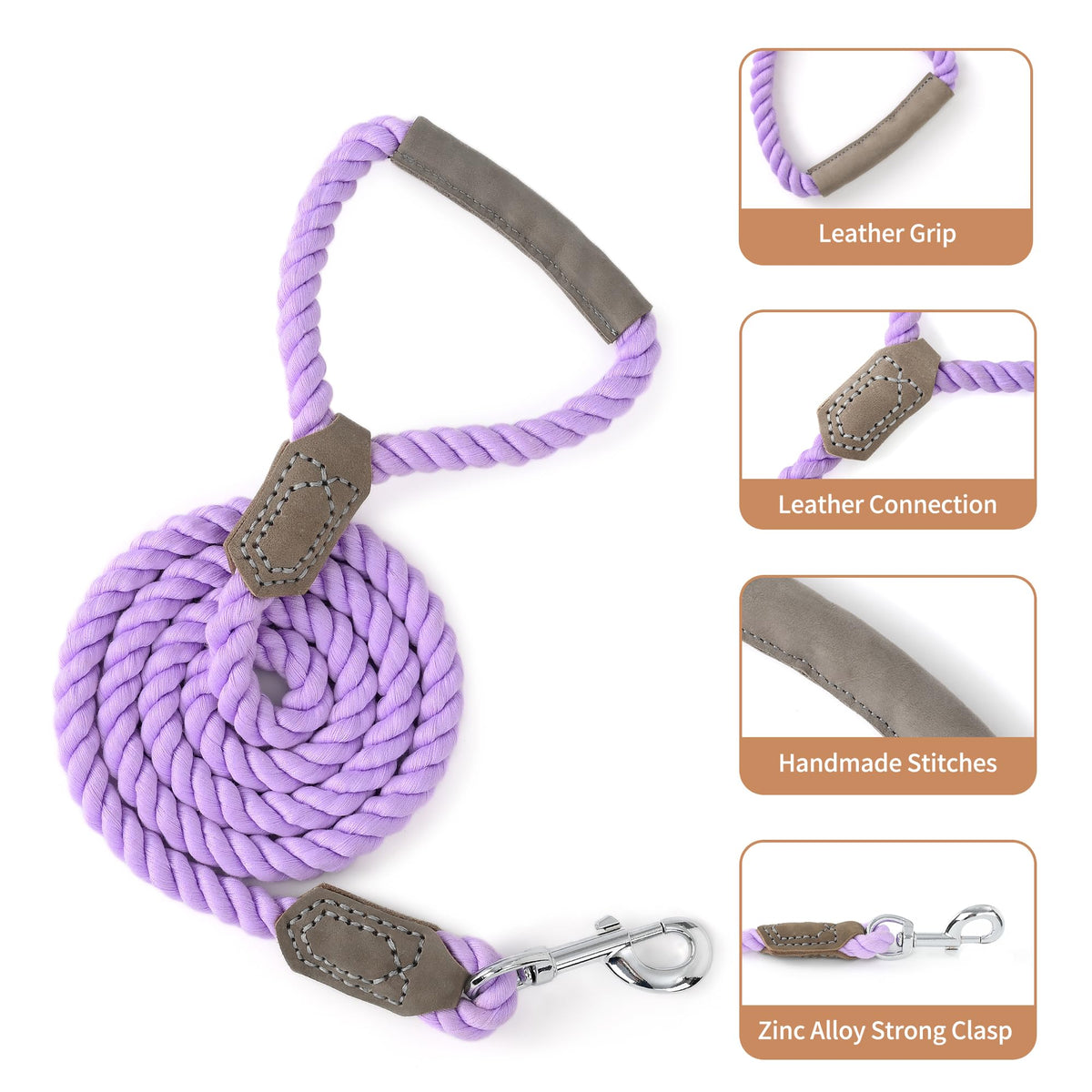 Dog Leash Braided Cotton Rope w (Purple / 60 Inch-1/2")