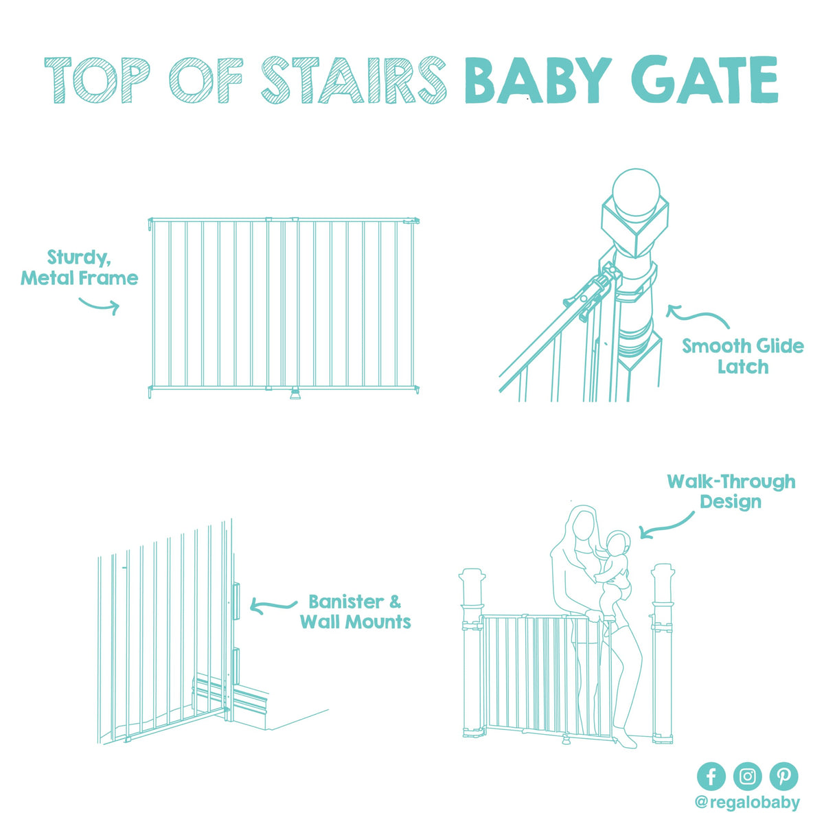 Safety 29" 43" Extra Wide Baby Gate for Top of Stairs & Doorways (White / 29-43.5"W x 30.5"H)