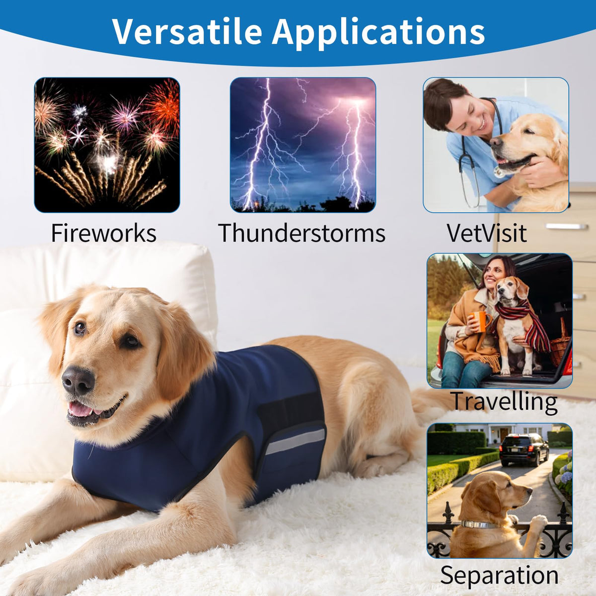 Dog Anxiety Vest with Hoodie Fully Openable Calming Shirt for Dogs Breathable Thunder Jacket for Stress Relief Storm and Firework Anxiety Relief (Blue / X-Small)