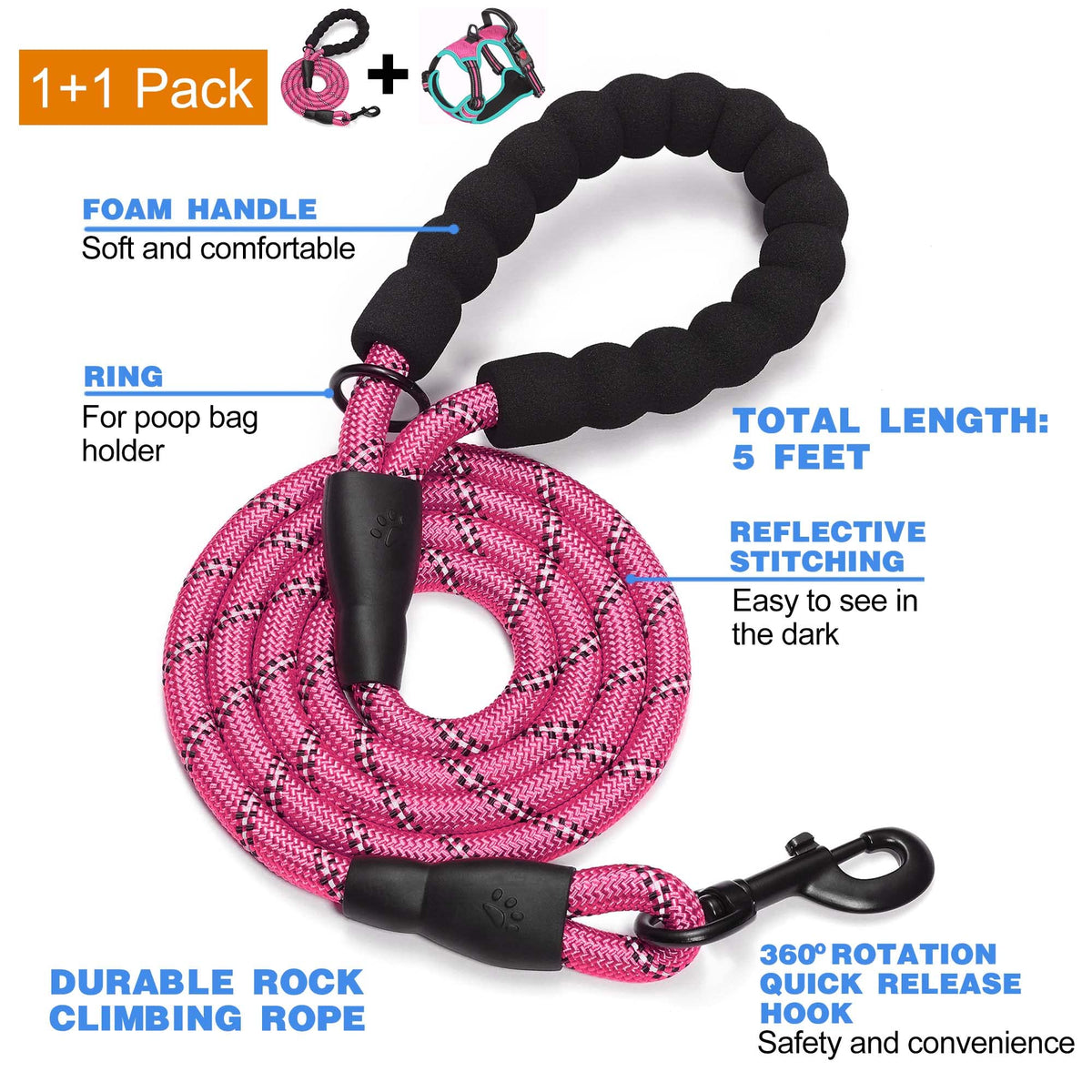 No Pull Dog Harness Adjustable Reflective Oxford Easy Control Medium Large Dog Harness with A Free Heavy Duty 5ft Dog Leash (Pink/Blue / Large)