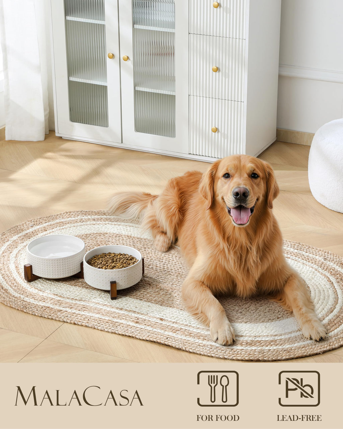 Dog Bowl Set Ceramic Bowls with Walnut Wood Stand (Rhombic+Polka Dots / 6 Cups)