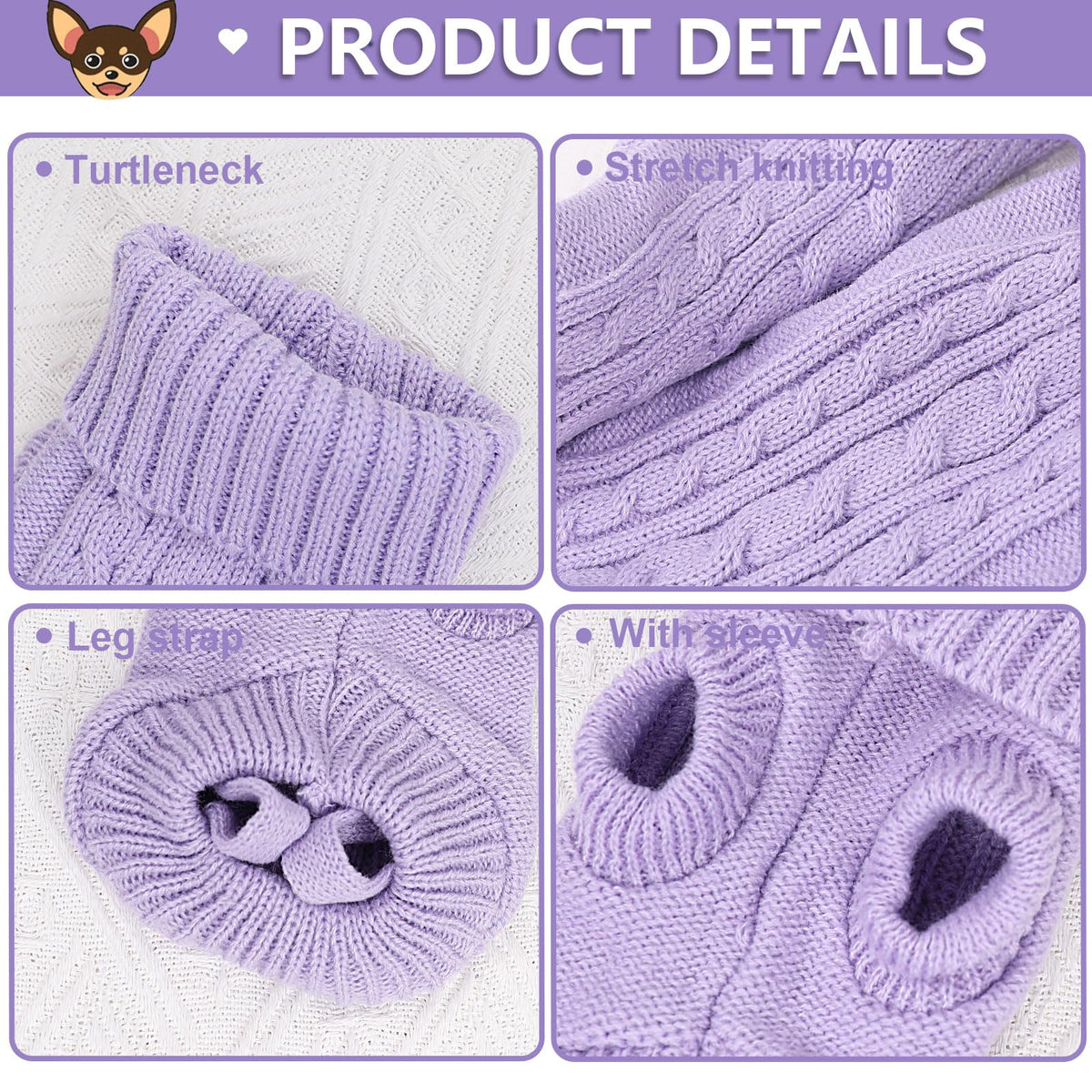 2 Pack Dog Sweaters for Small Dogs (Large / Purple-Beige)