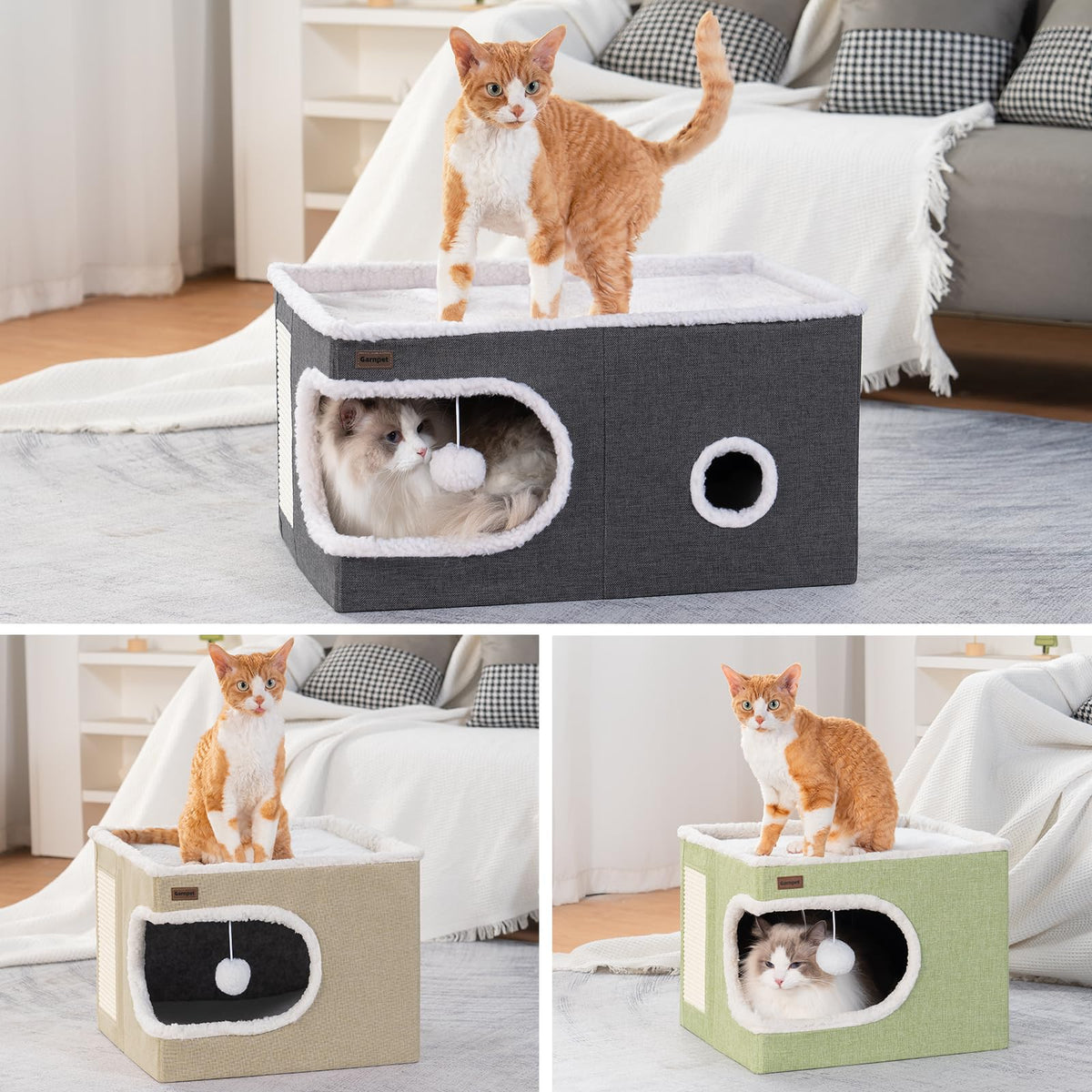 Cat Bed for Indoor Cats Cube House (23.6"D x 16.5"W x 13"H / Dark Grey)