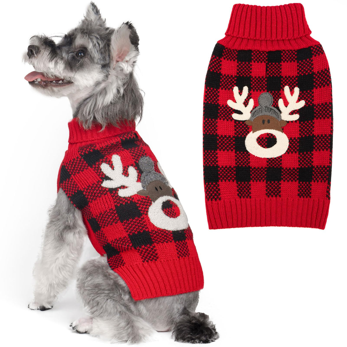 Dog Christmas Sweater for Small Dogs with Red Buffalo Plaid Reindeer (X-Small (3-4lbs) / Christmas)