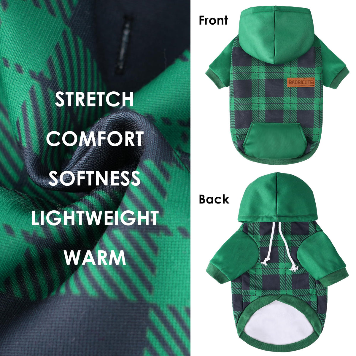 Dog Basic Hoodie Soft Dog Clothes Cold Weather Sweaters for Medium Large Dogs Cozy Fabric Warm Sweatshirt with Leash Hole for Boys (Green Plaid / XS (Back: 10.24",Chest: 14.96", 2-5 lbs))