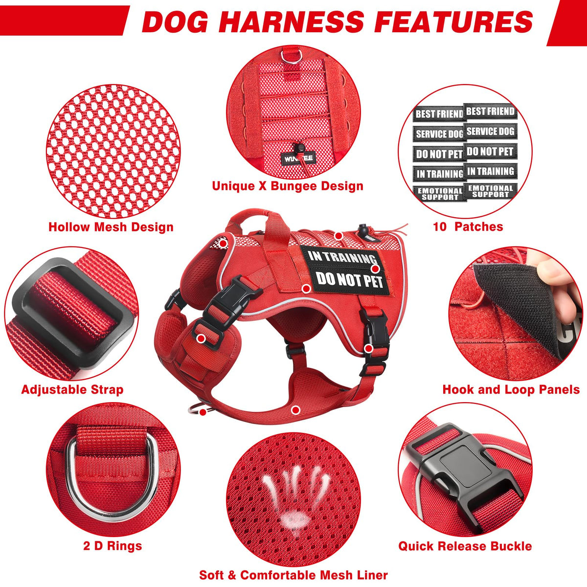 Service Dog in Training Mesh Harness with 10 Removale Pet Patches (Large / Red)