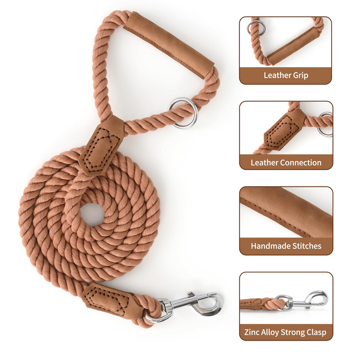Dog Leash Braided Cotton Rope w (Classic Brown / 72 Inch-1/2")