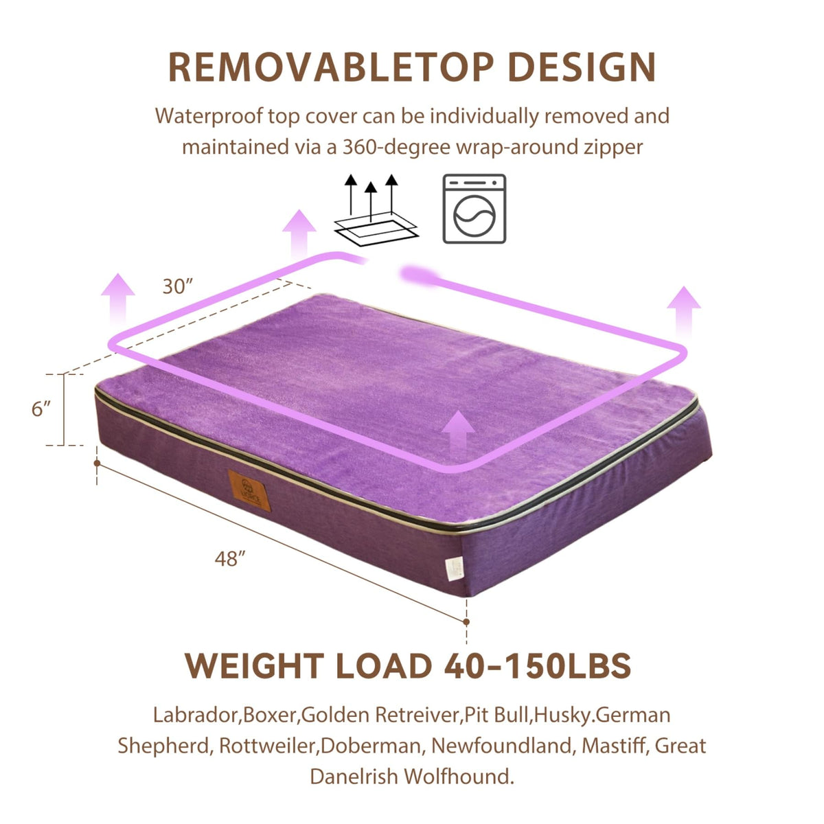 Orthopedic Memory Foam XXL Dog Bed (48.0"L x 30.0"W x 6.0"Th / Purple)