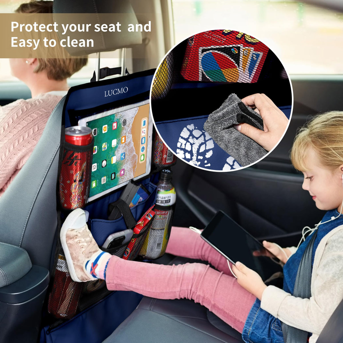 Car Backseat Organizer with Touch Screen Tablet Holder (Dark Blue-1 / 2 Pack)