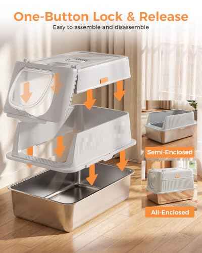 XL Stainless Steel Cat Litter Box with Lid (Light Gray / 24" L × 16" W × 16" H)