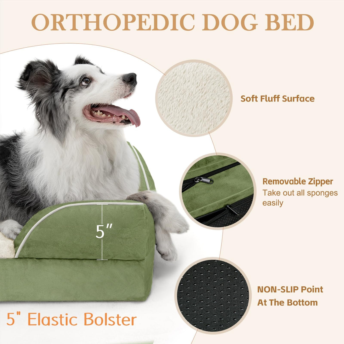 Orthopedic Dog Bed for Extra Large Dogs with Bolster (53.0"L x 42.0"W x 8.5"Th / Light Green)