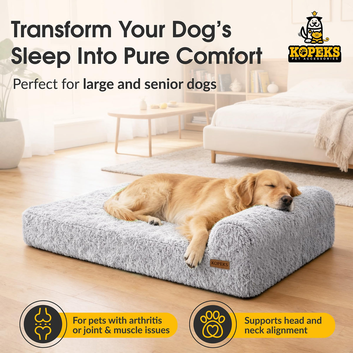 Orthopedic Memory Foam Dog Bed 7" Inch Thick Extra Large Dog Bed with Pillow Fluffy Grey 50"x34"x10" Includes Waterproof Liner & Durable Removable Cover with Smart Design (Grey - Fluffy / XL - 50"x34"x10")