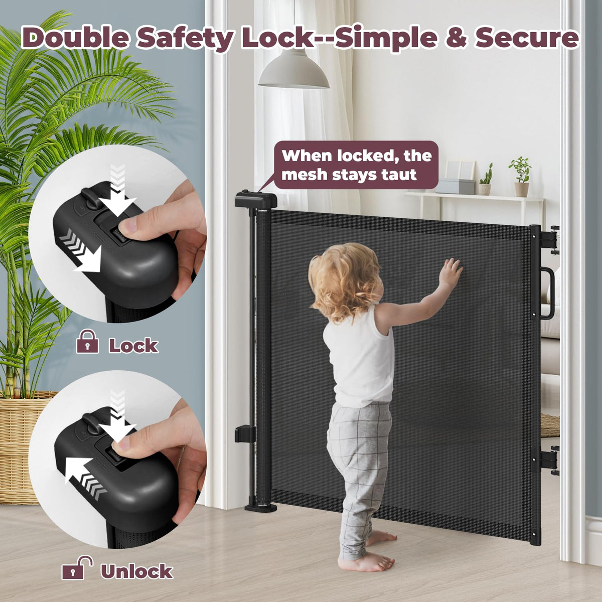 76" Retractable Baby Gates Extra Wide (Black / 34" Tall x 76" Wide)