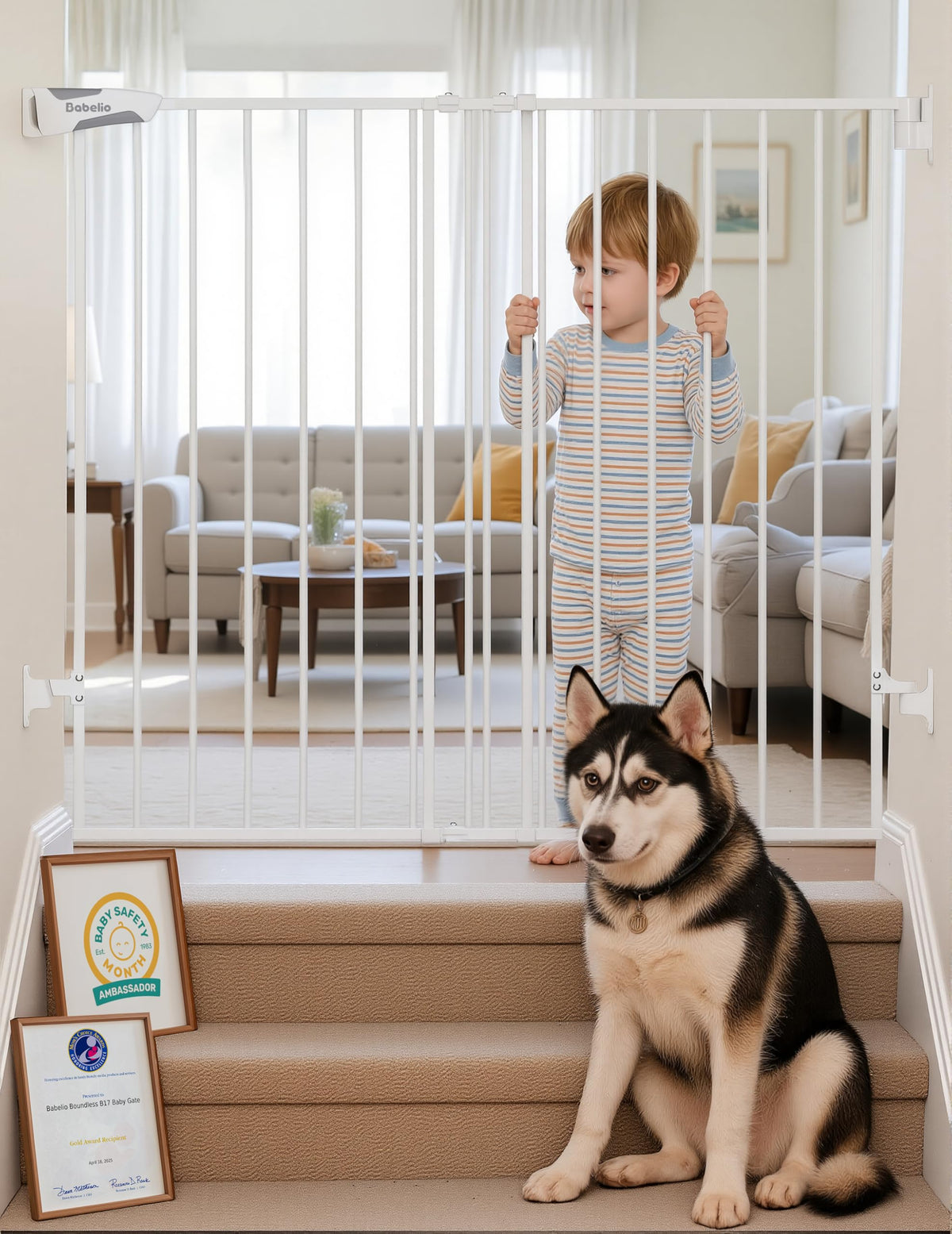 Baby Gate for Stairs & Doorways (*White / 34" H, 26-43" W-Standard)