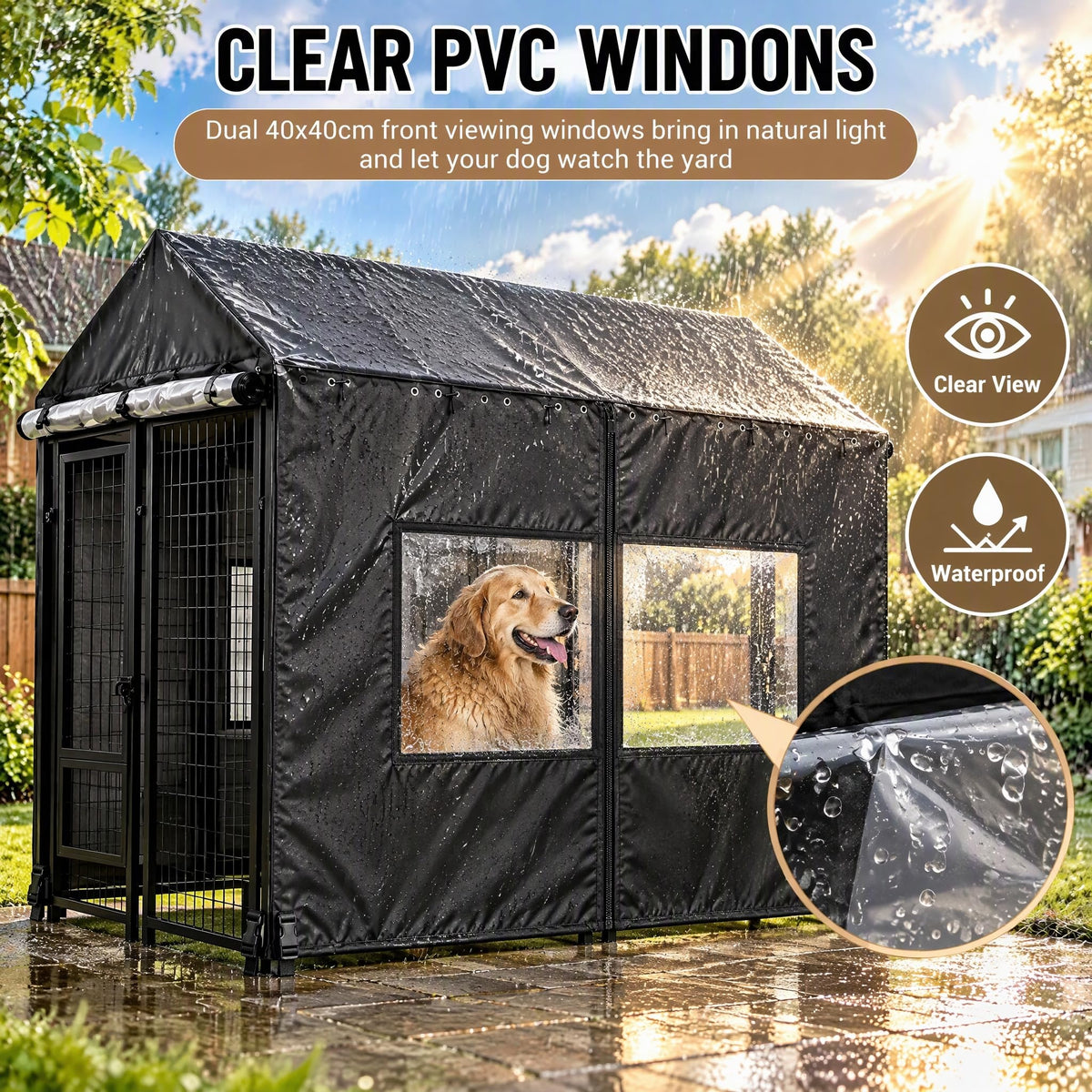 Outdoor Dog Kennel Cover 8x4x6ft with Clear PVC Windows & Roll (8'Dx4'Wx6'H)