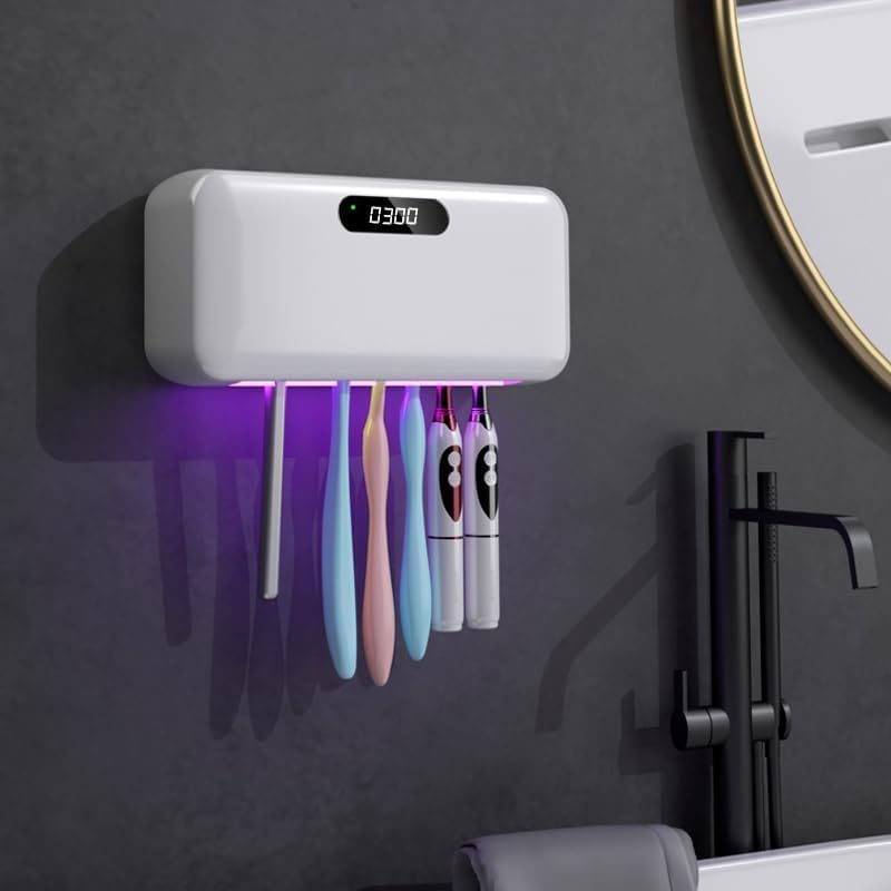 UV Toothbrush Sanitizer and Holder for Bathroom (White-for Family)