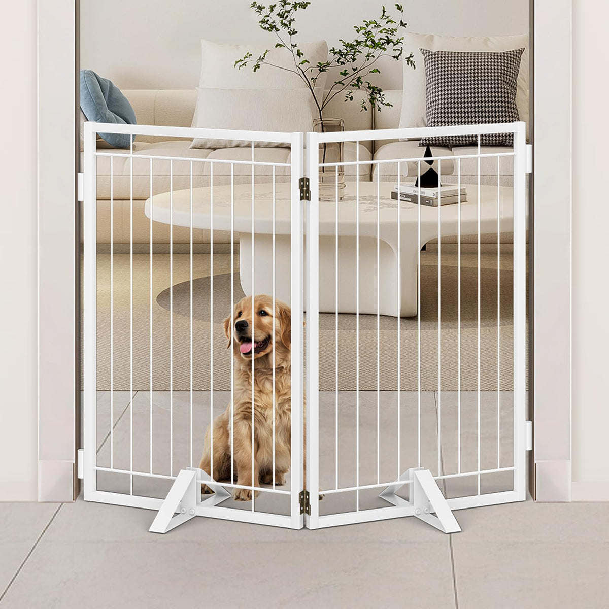 Full Metal Freestanding Dog Gate for Indoor & Outdoor (White / 【2 Panels】40"W×32"H)