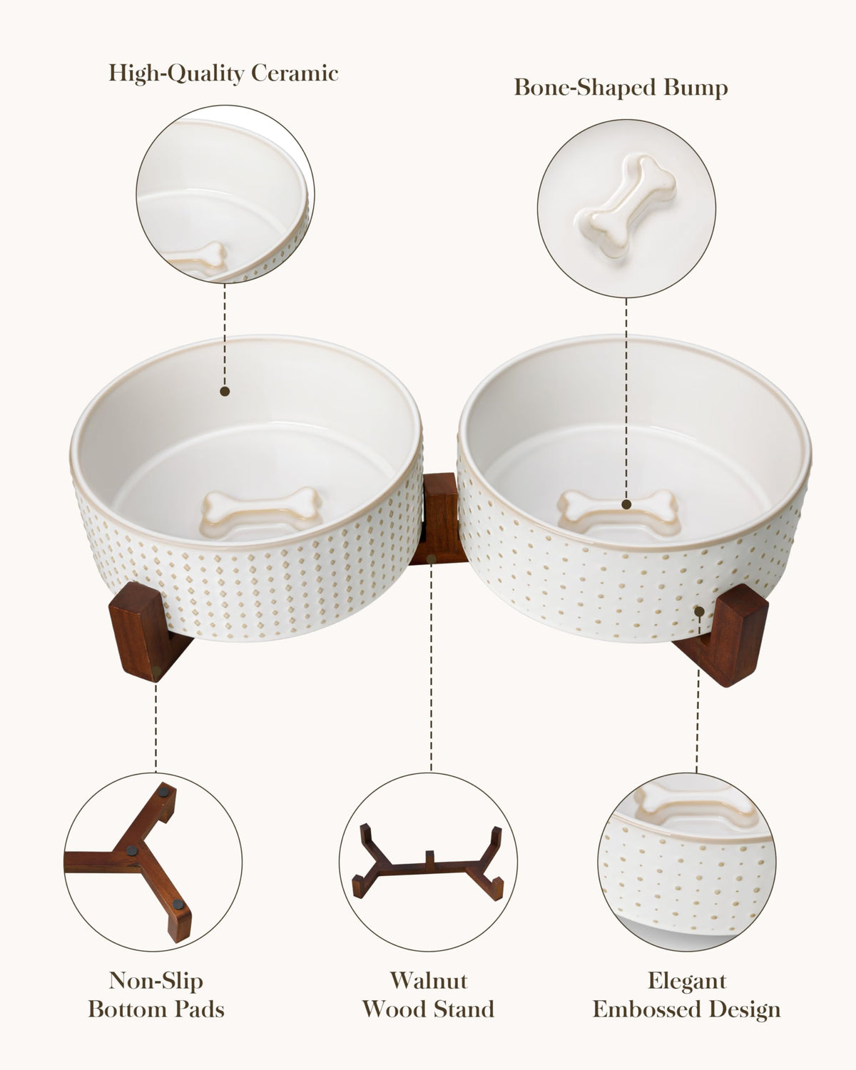 Dog Bowl Set Ceramic Bowls with Walnut Wood Stand (Rhombic+Polka Dots / 6 Cups)