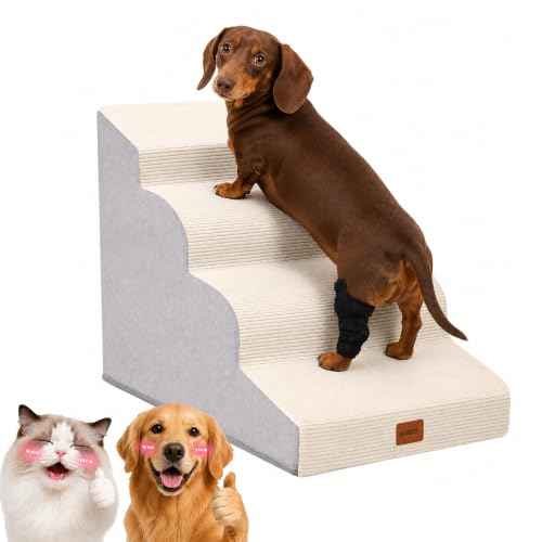 4 Step Curved Dog Stairs 19.7"H for Medium Dogs Standard Bed & Sofa (Cream Beige / 15.7x28.3x19.7in)