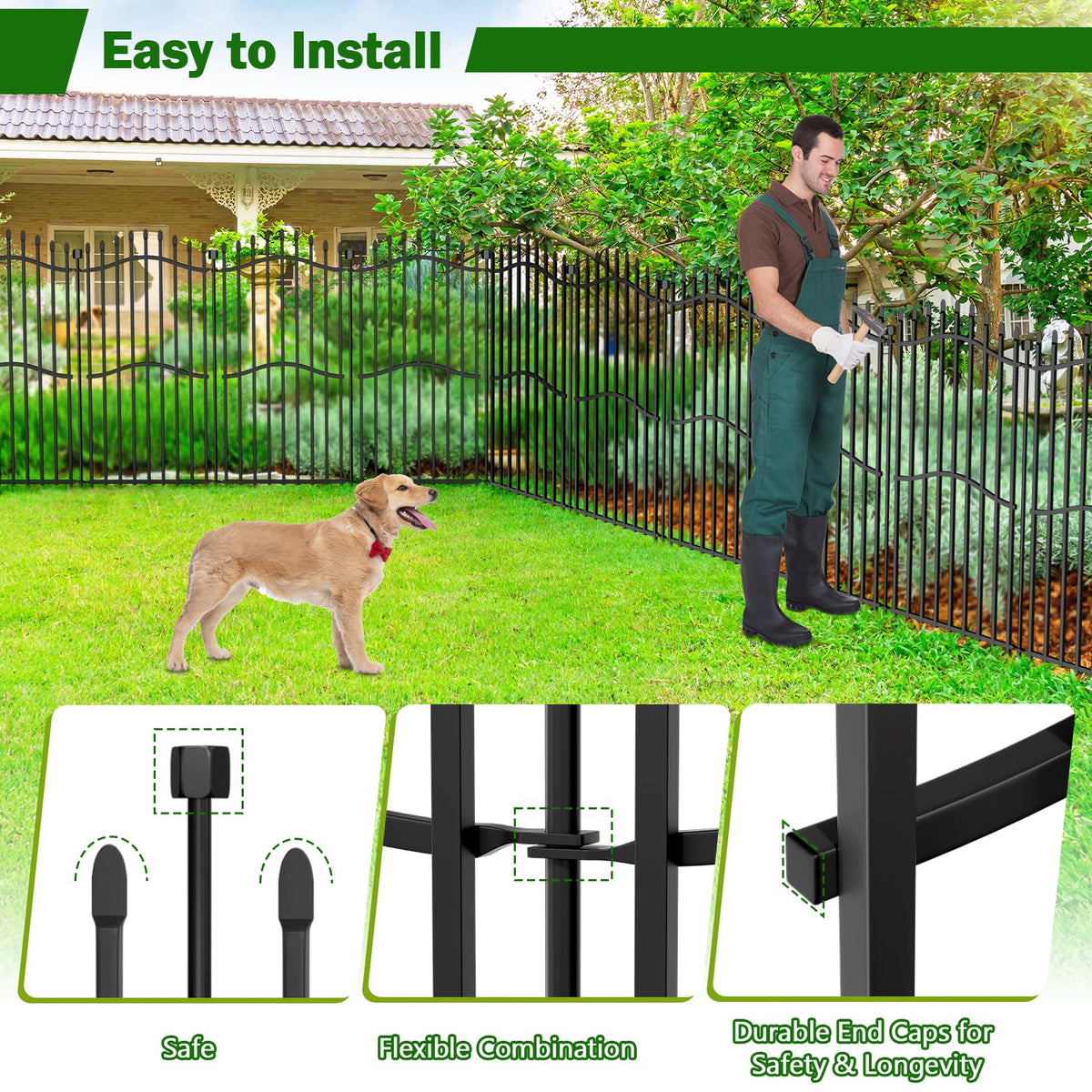 Metal Decorative Garden Fence 48" H x 18'L with Gate Yard Dog Panels (48 in(H) X 18 ft(L))