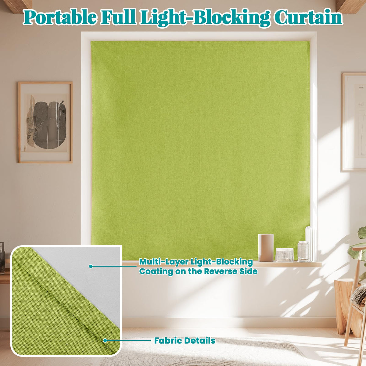 100% Blackout Self Adhesive Curtains (52"W x 60"L (Pack of 1) / Fruit Green)